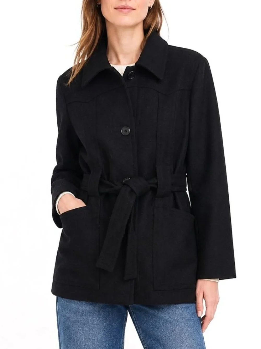 J. CREW Black Wool Belted Coat Classic Single-Breasted Structured Jacket